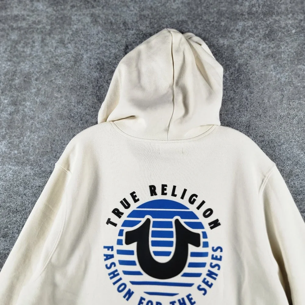 NWT True Religion Zip-Up Hoodie Mens XL Winter White Fleece Classic Logo Graphic